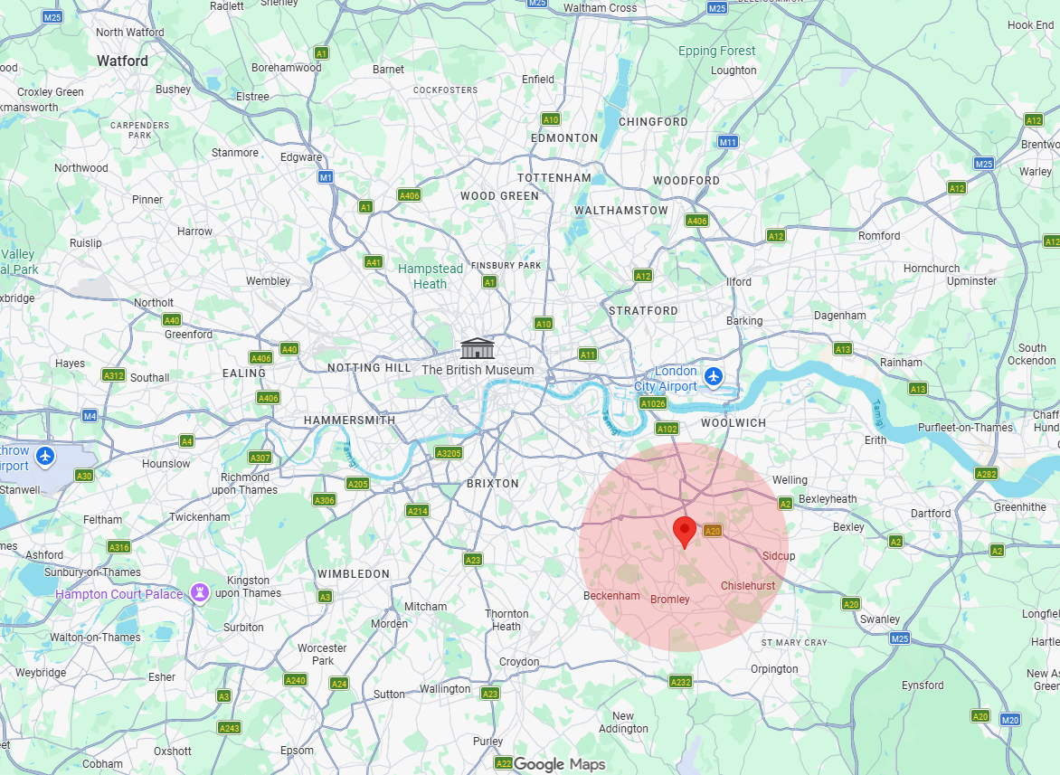 Map of South East London showing The Catford Cat Lady catchment area including SE6 Catford, SE12 Lee, SE13 Lewisham, SE3 Blackheath, SE9 Eltham and BR1 Bromley